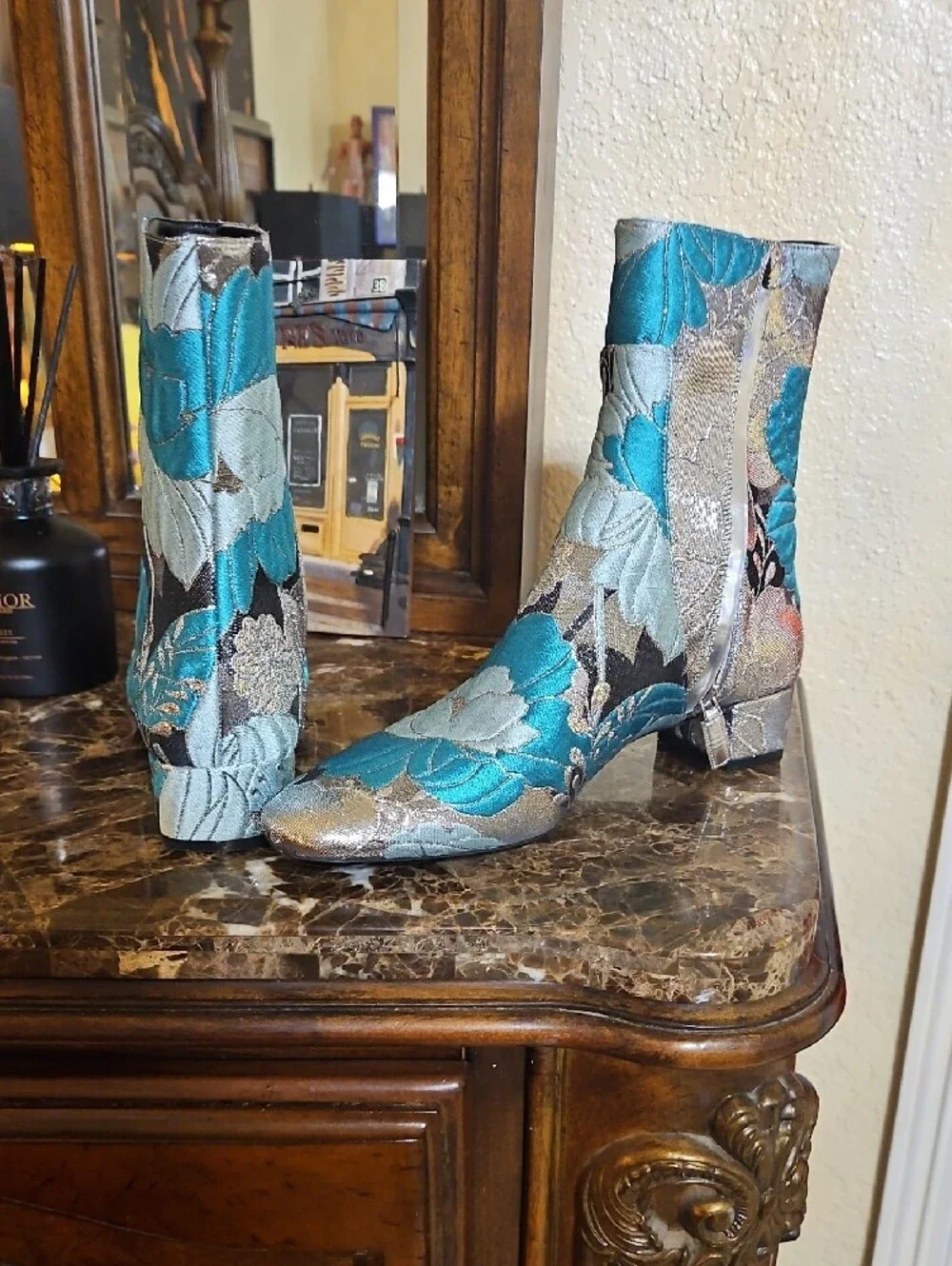 Metallic Floral Ankle Boots in Teal & Silver - Women